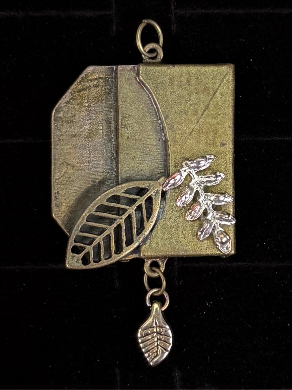 Beautiful vintage square aged brass tone, pendant + free 16” cord necklace